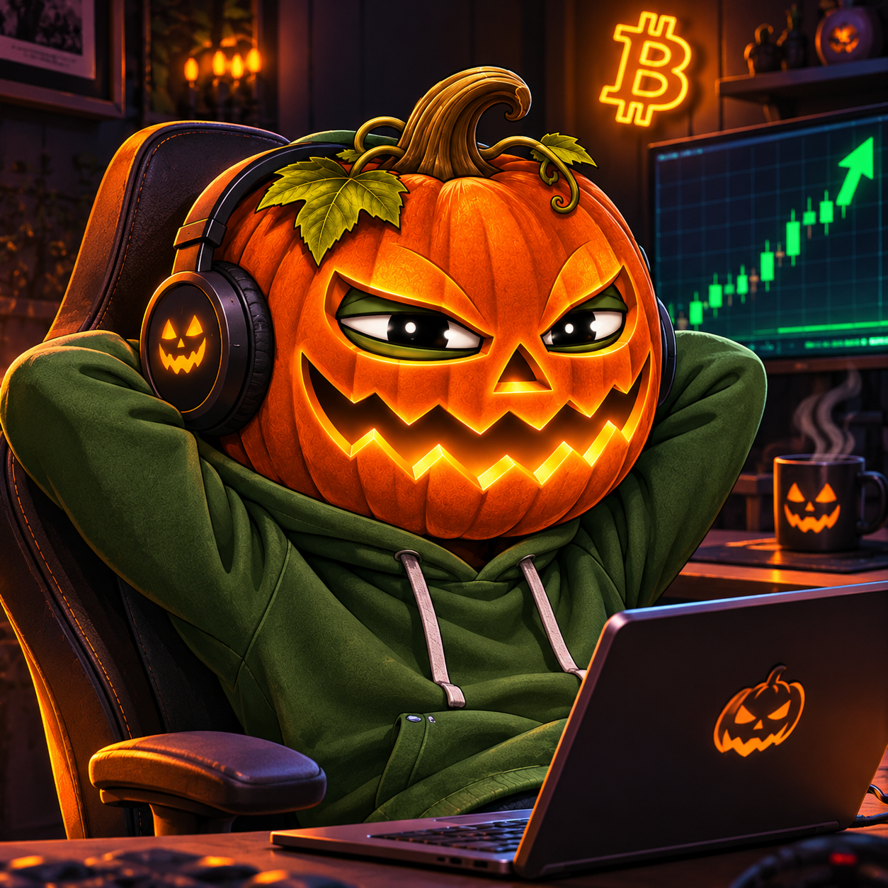 Pumpkin Pepe reclining in a green hoodie, watching a glowing market chart