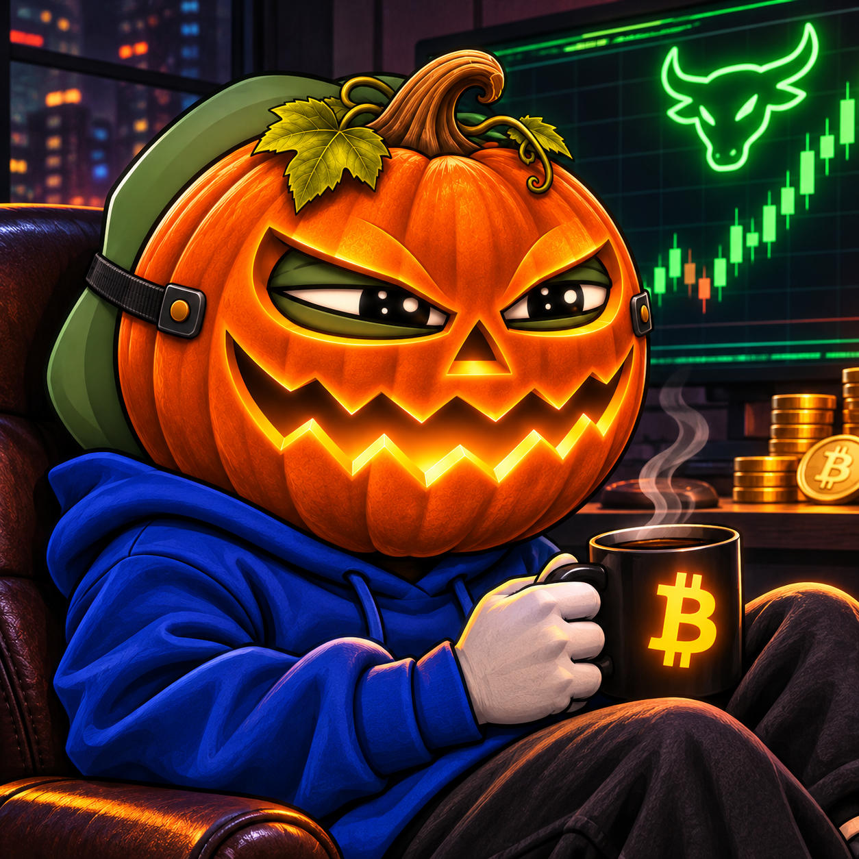 Pumpkin Pepe in a blue hoodie holding a Bitcoin mug in front of a green bullish chart