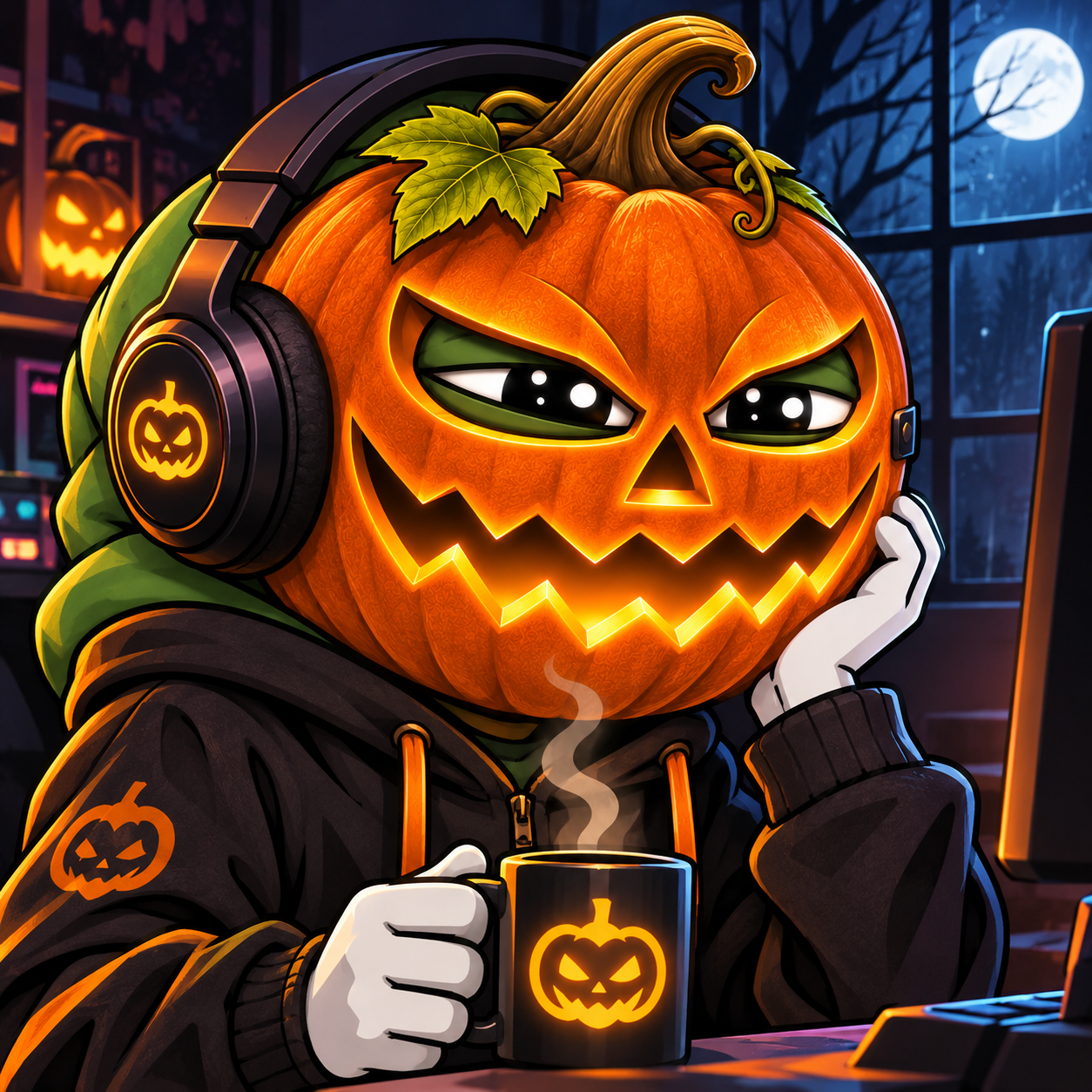Pumpkin Pepe at a moonlit desk, wearing headphones and sipping from a jack-o'-lantern mug